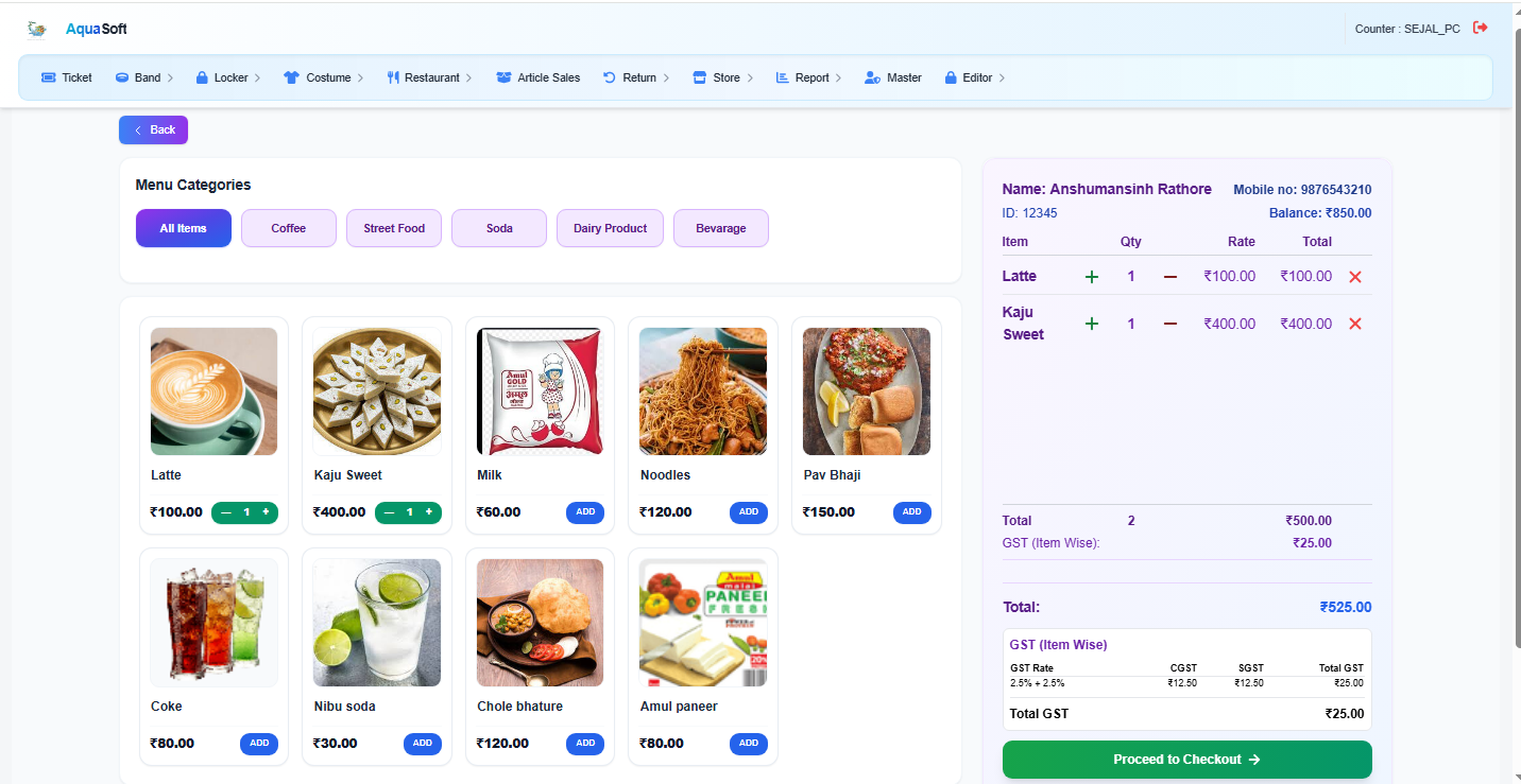 AquaSoft restaurant and POS management screen