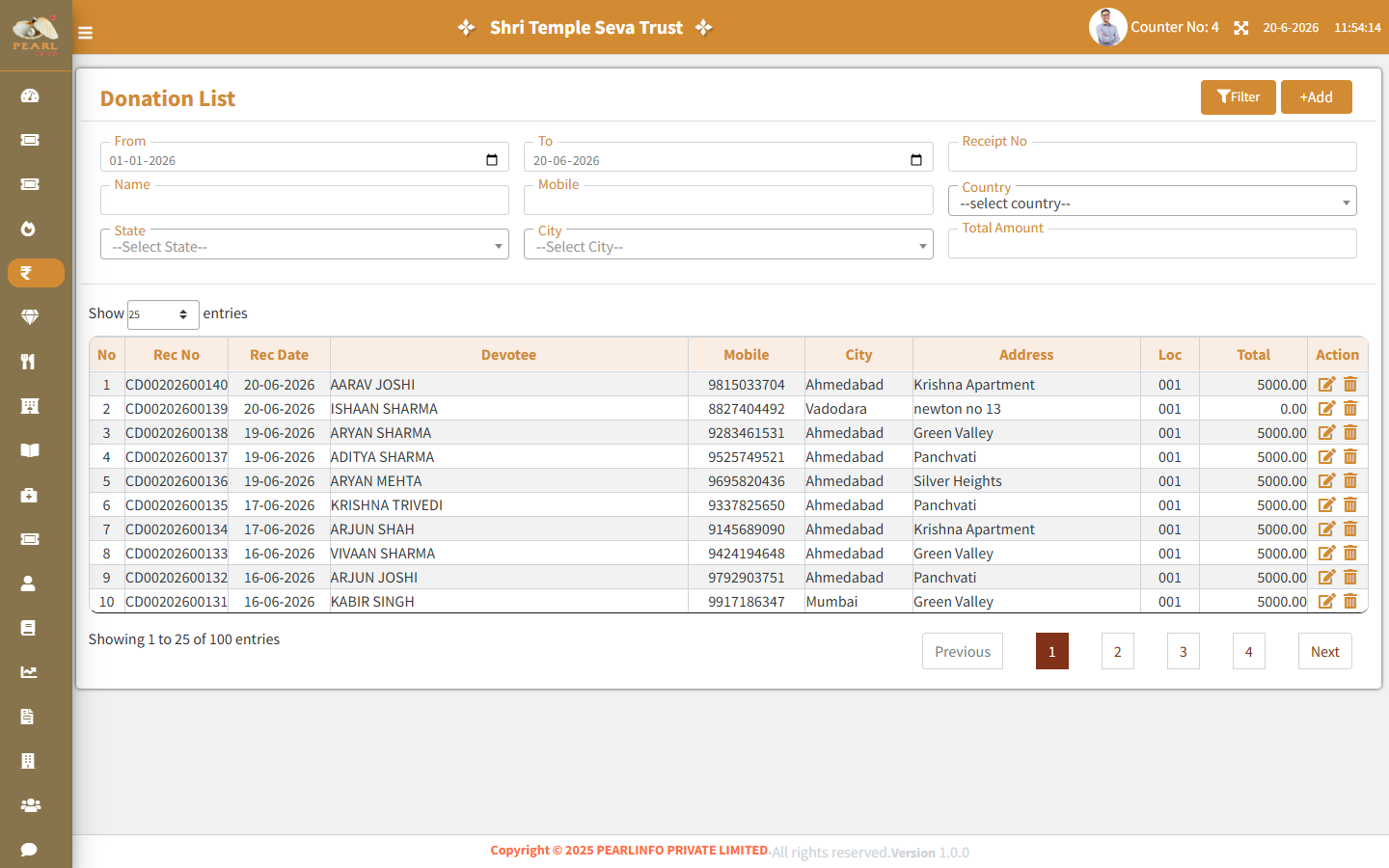 Shlok ERP donation management screen