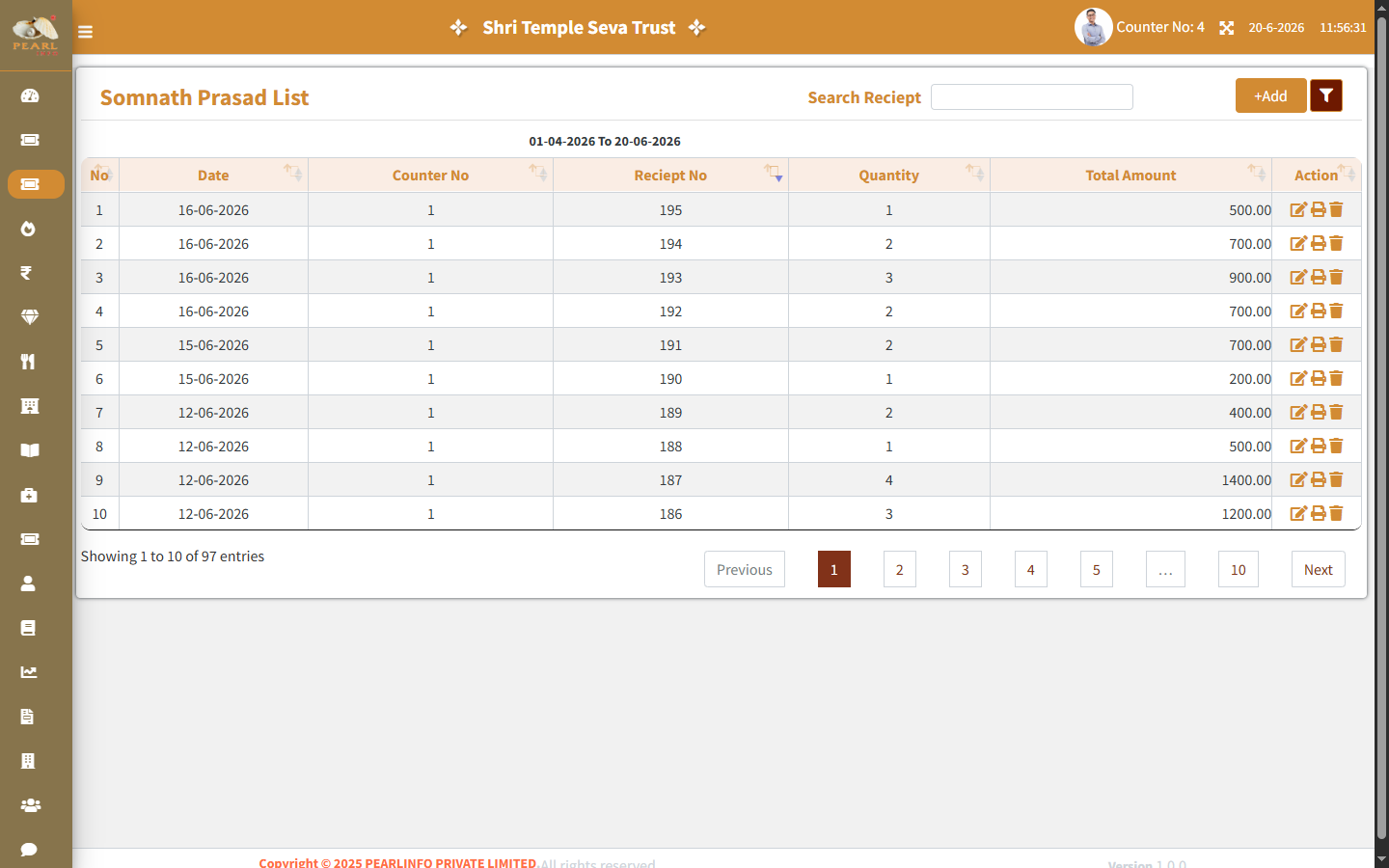 Shlok ERP prasad and seva management screen